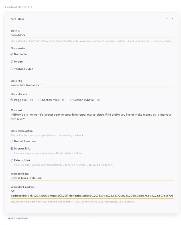 Landing page block content