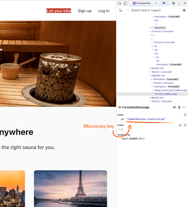Topbar component selected with React Developer Tools